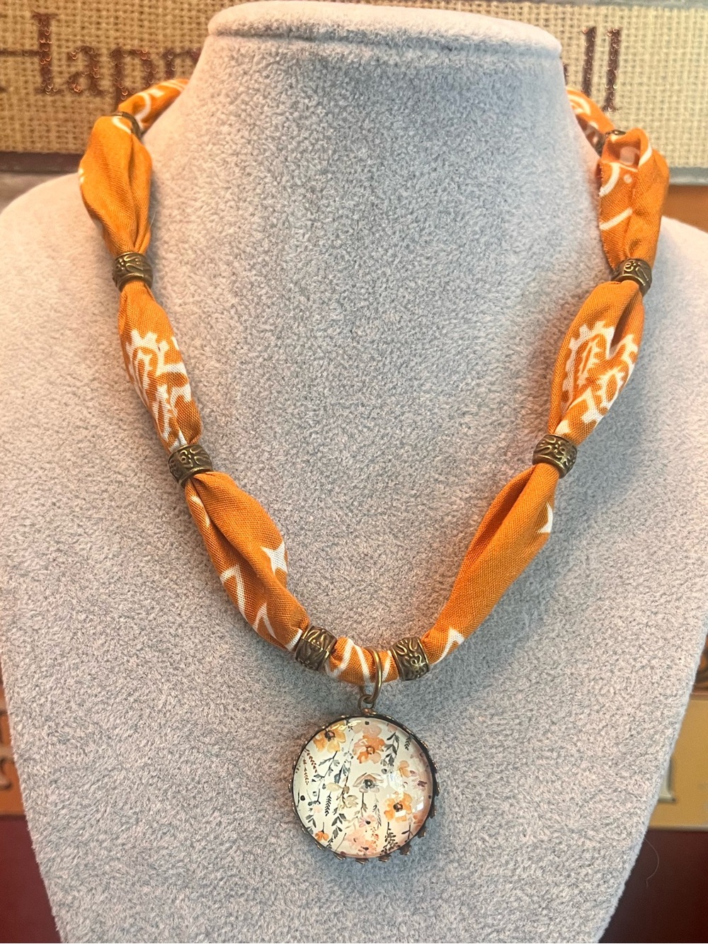Handmade Terracotta Bandana Necklace with Handmade Floral Pendant